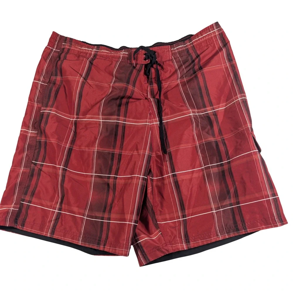 Speedo Board Shorts Mens XL Red Plaid Swim Trunks Cargo Pocket Quick Dry Lace Up